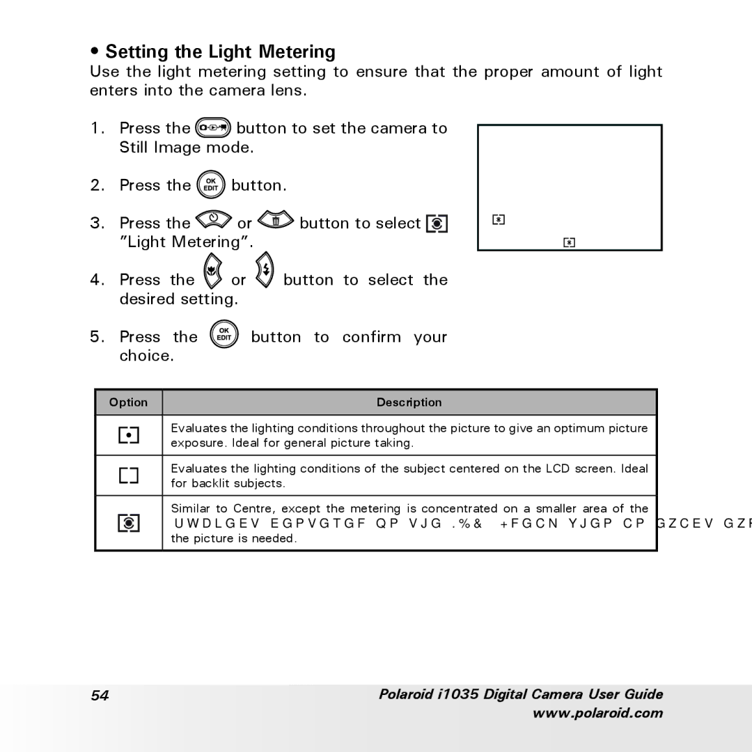 Polaroid i1035 user manual Setting the Light Metering 