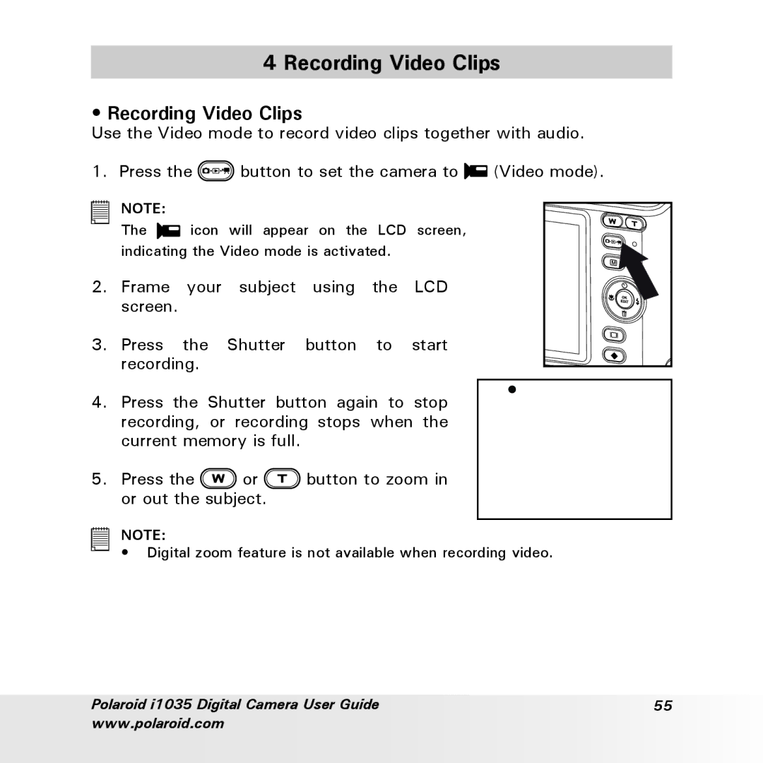 Polaroid i1035 user manual Recording Video Clips 