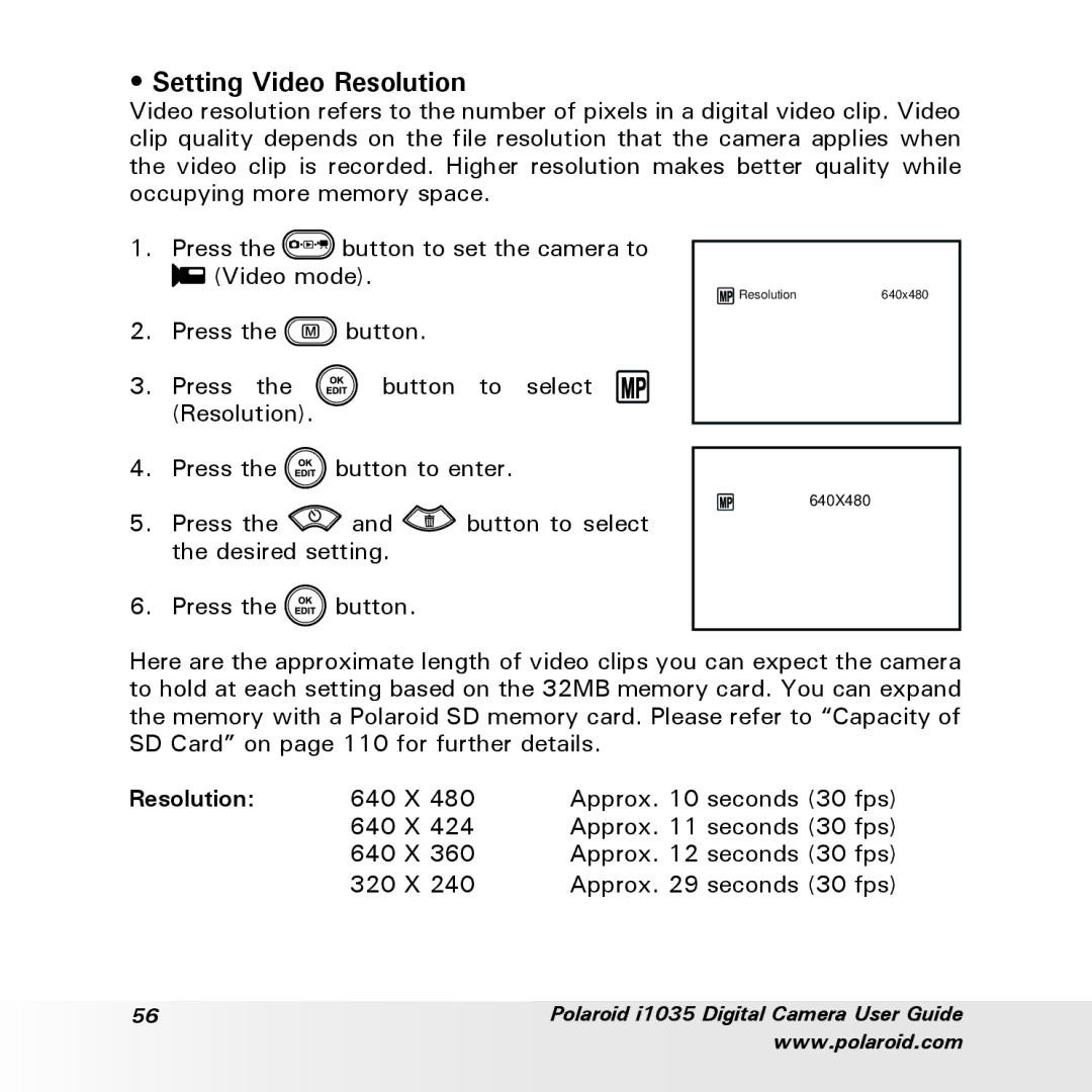 Polaroid i1035 user manual Setting Video Resolution 