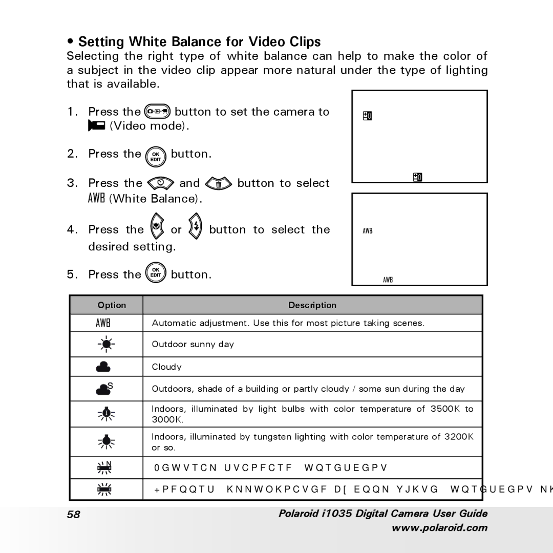 Polaroid i1035 user manual Setting White Balance for Video Clips, Exposure White Balance 