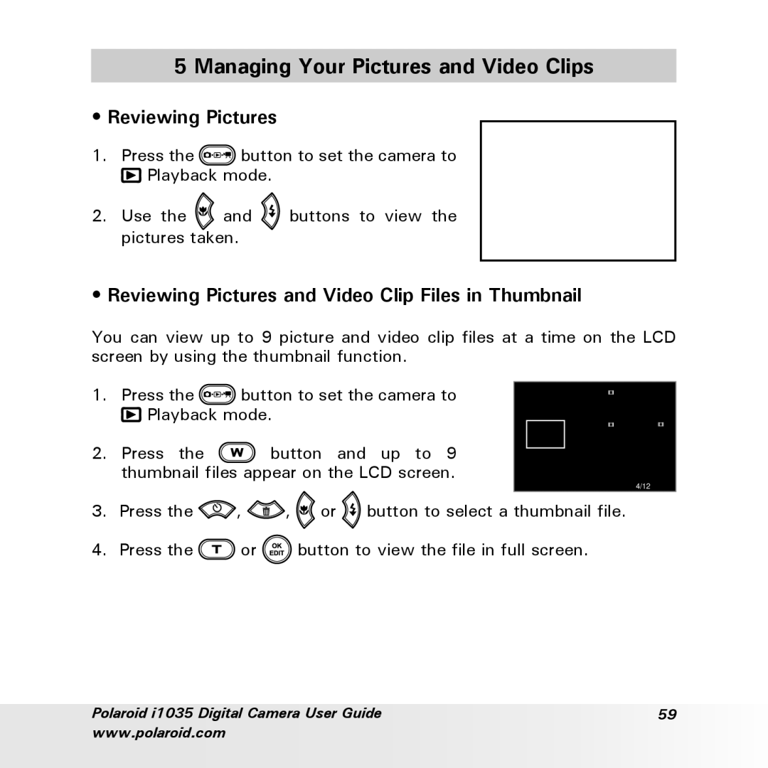 Polaroid i1035 user manual Managing Your Pictures and Video Clips, Reviewing Pictures 