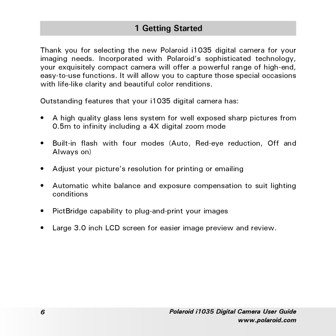 Polaroid i1035 user manual Getting Started 