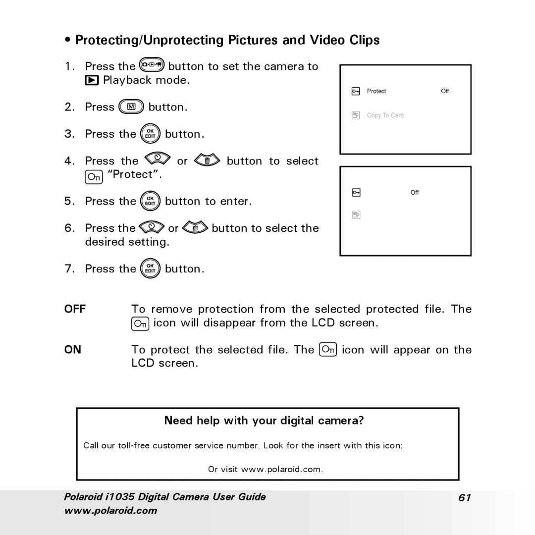 Polaroid i1035 user manual Protecting/Unprotecting Pictures and Video Clips, Need help with your digital camera? 