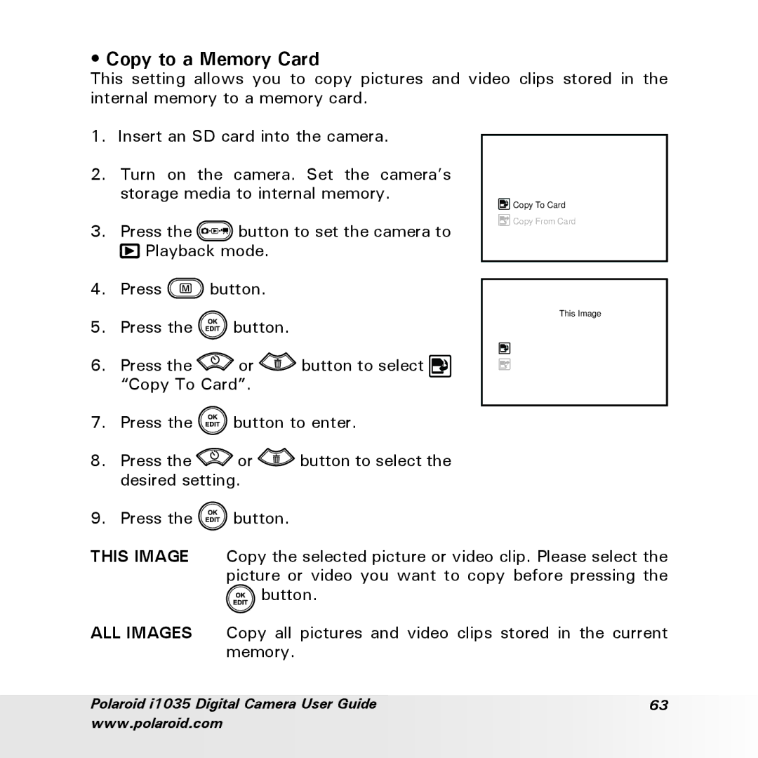 Polaroid i1035 user manual Copy to a Memory Card 