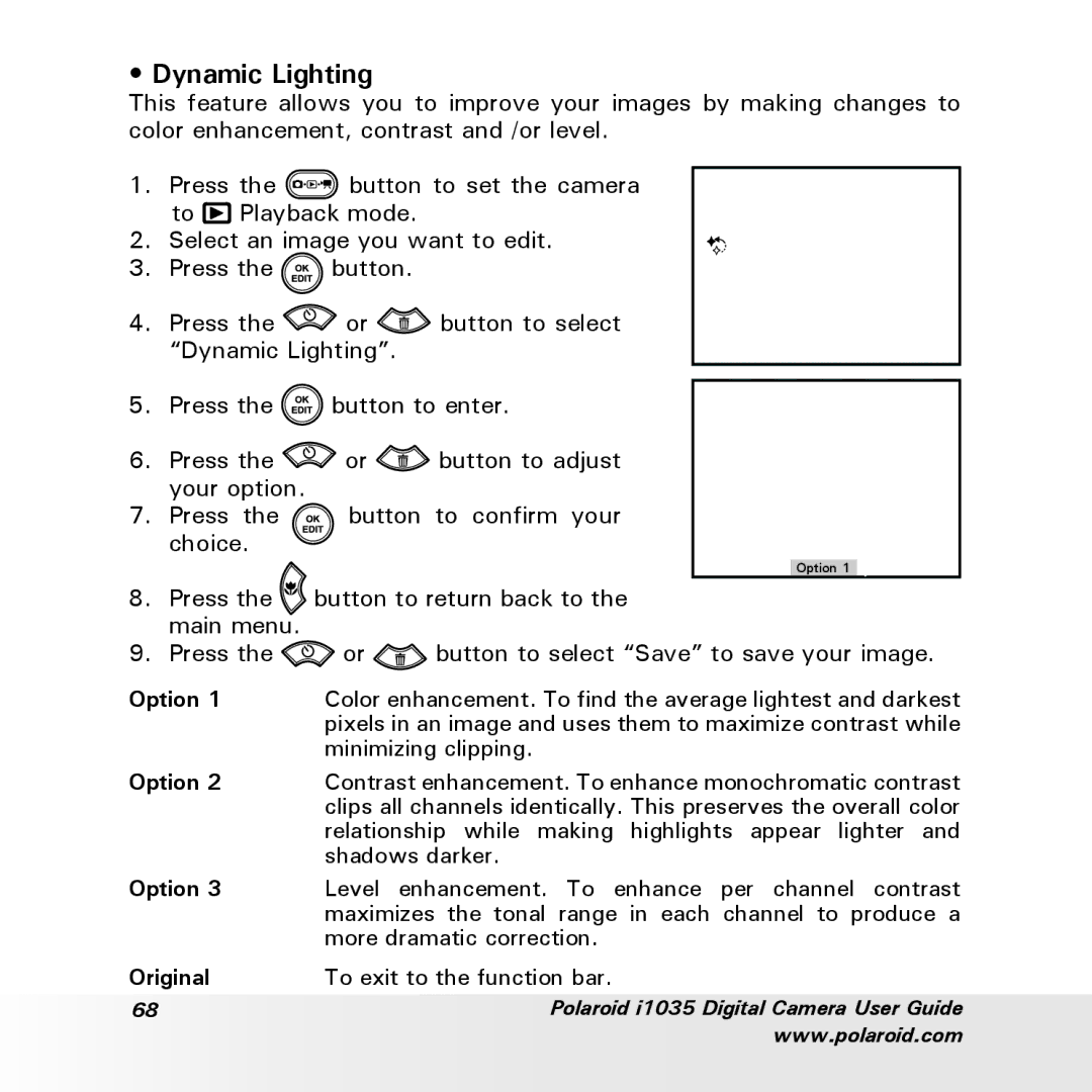 Polaroid i1035 user manual Dynamic Lighting, Option 