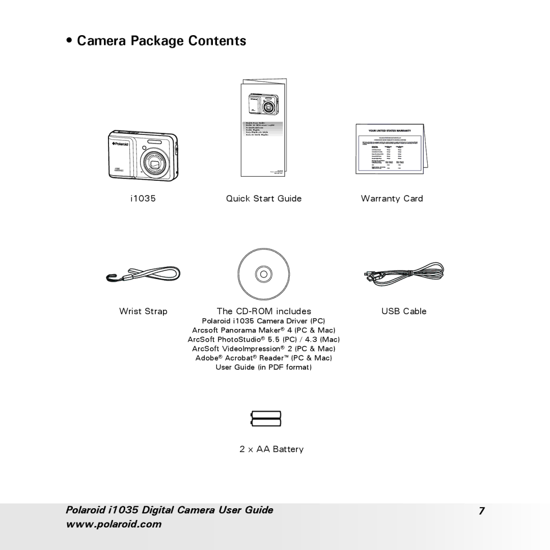 Polaroid i1035 user manual Camera Package Contents 