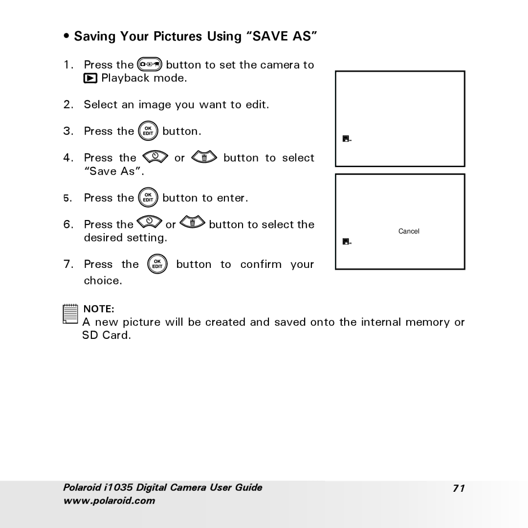 Polaroid i1035 user manual Saving Your Pictures Using Save AS 