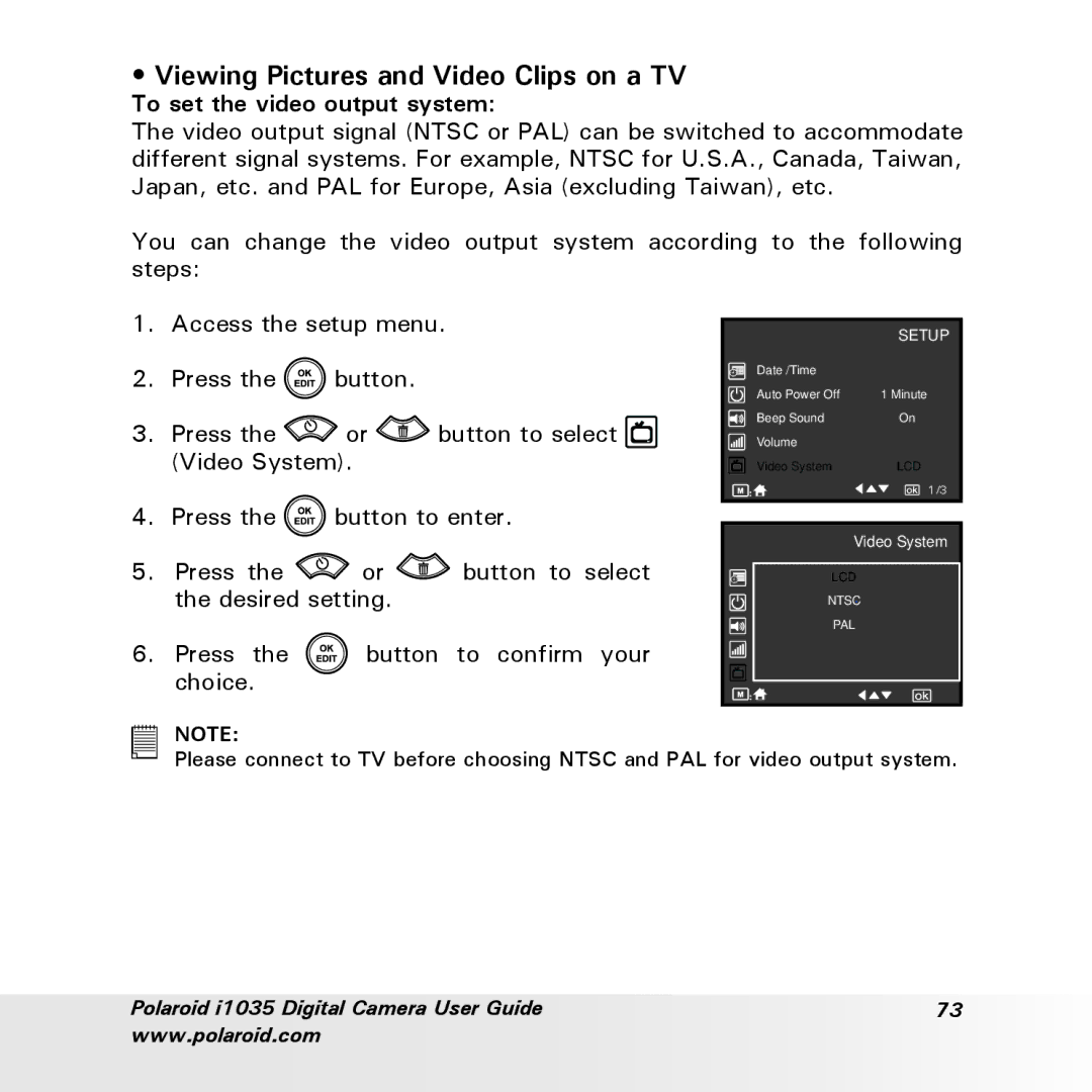 Polaroid i1035 user manual Viewing Pictures and Video Clips on a TV, To set the video output system 