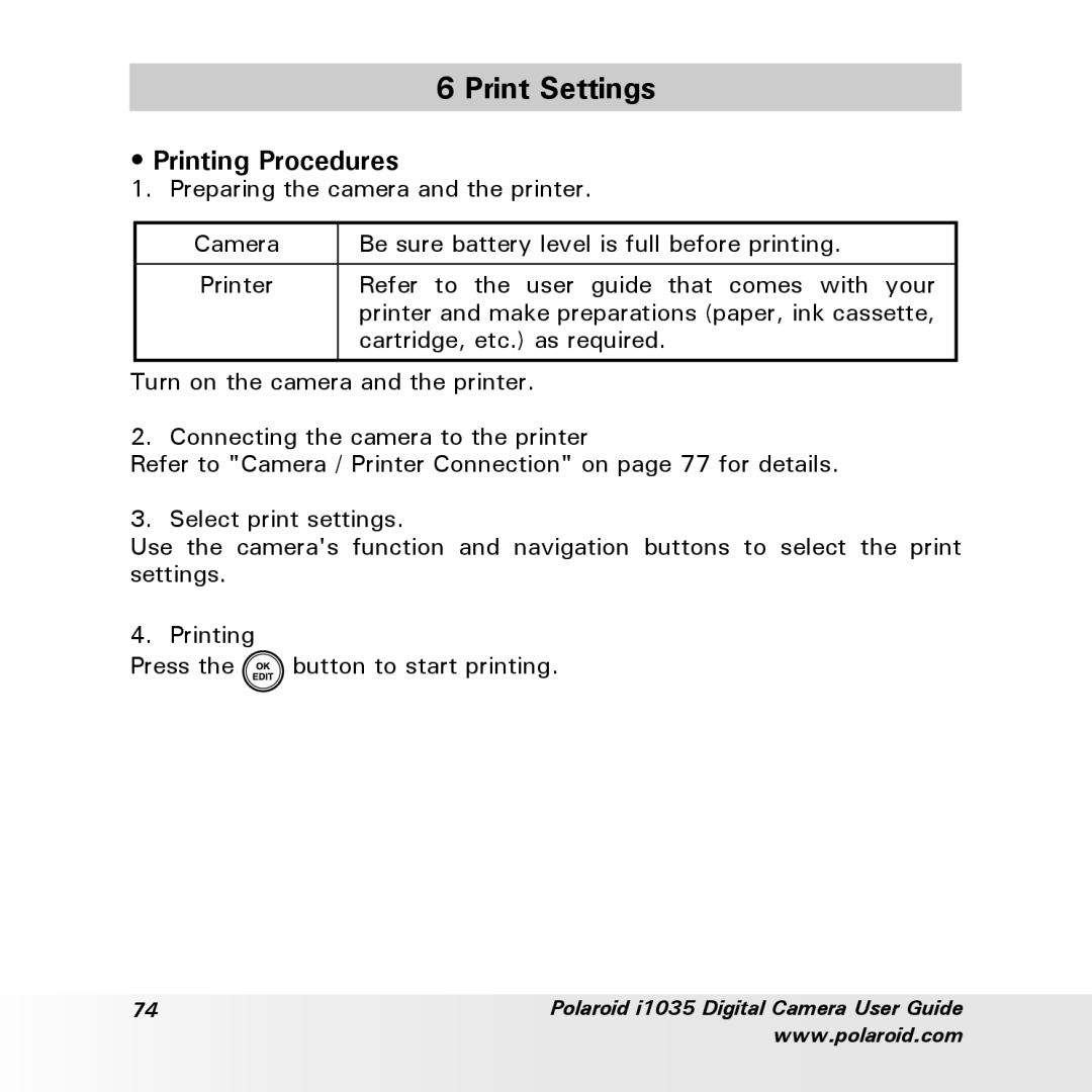 Polaroid i1035 user manual Print Settings, Printing Procedures 