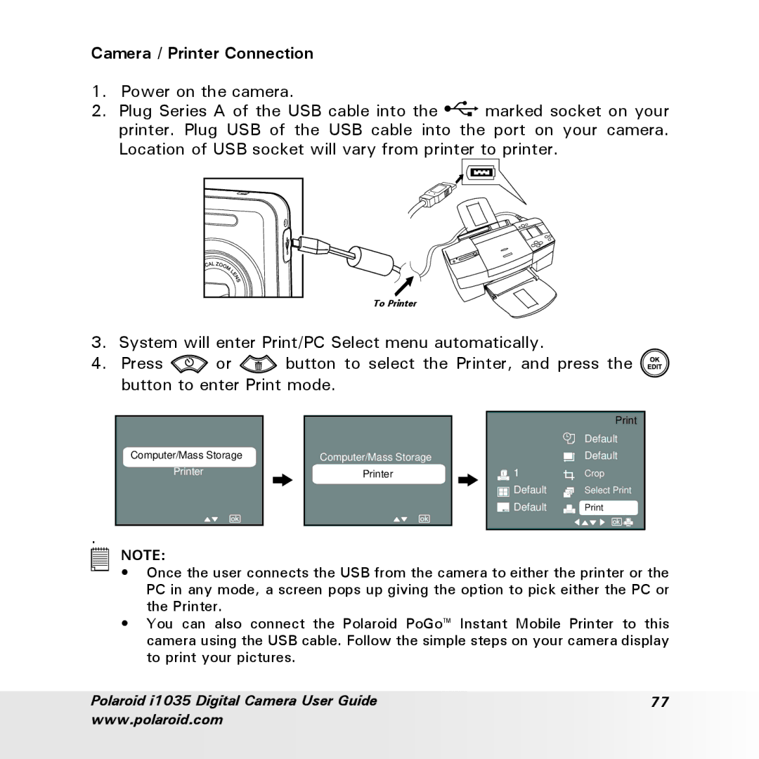 Polaroid i1035 user manual Camera / Printer Connection 