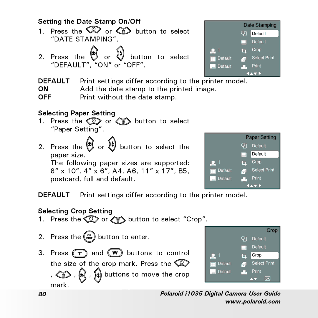 Polaroid i1035 user manual Setting the Date Stamp On/Off, Selecting Paper Setting, Selecting Crop Setting 