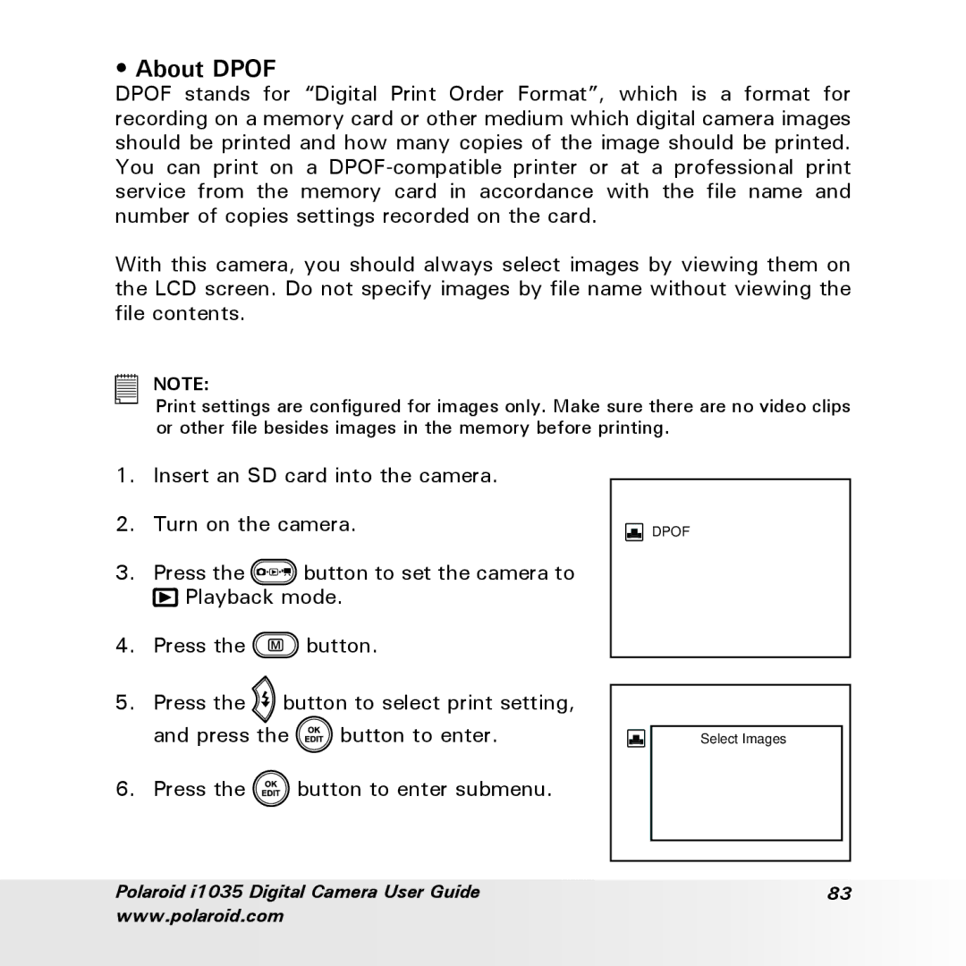 Polaroid i1035 user manual About Dpof 