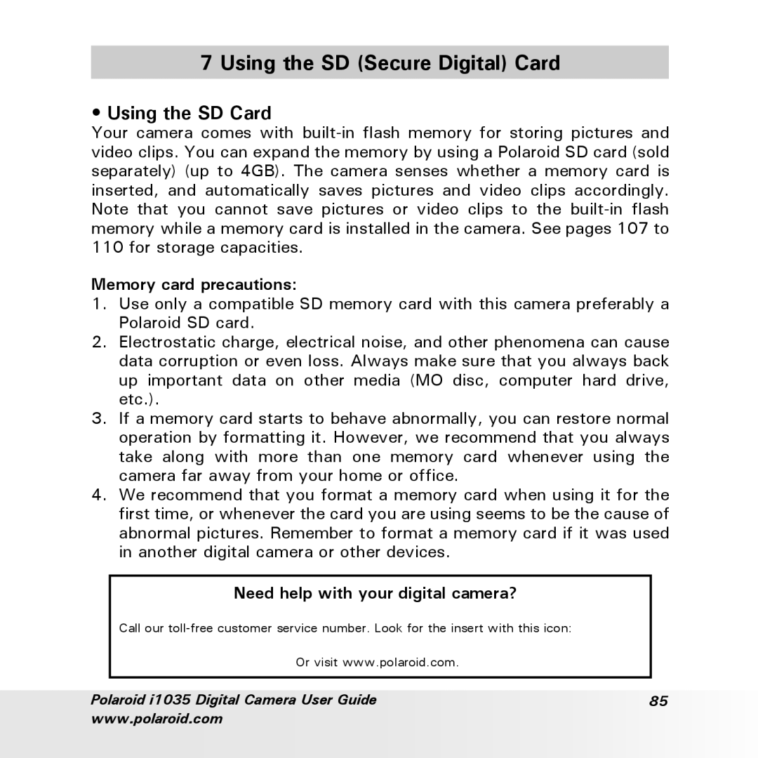 Polaroid i1035 user manual Using the SD Secure Digital Card, Using the SD Card, Memory card precautions 