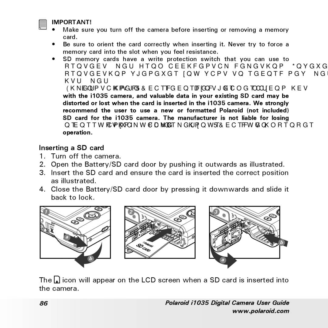 Polaroid i1035 user manual Inserting a SD card 