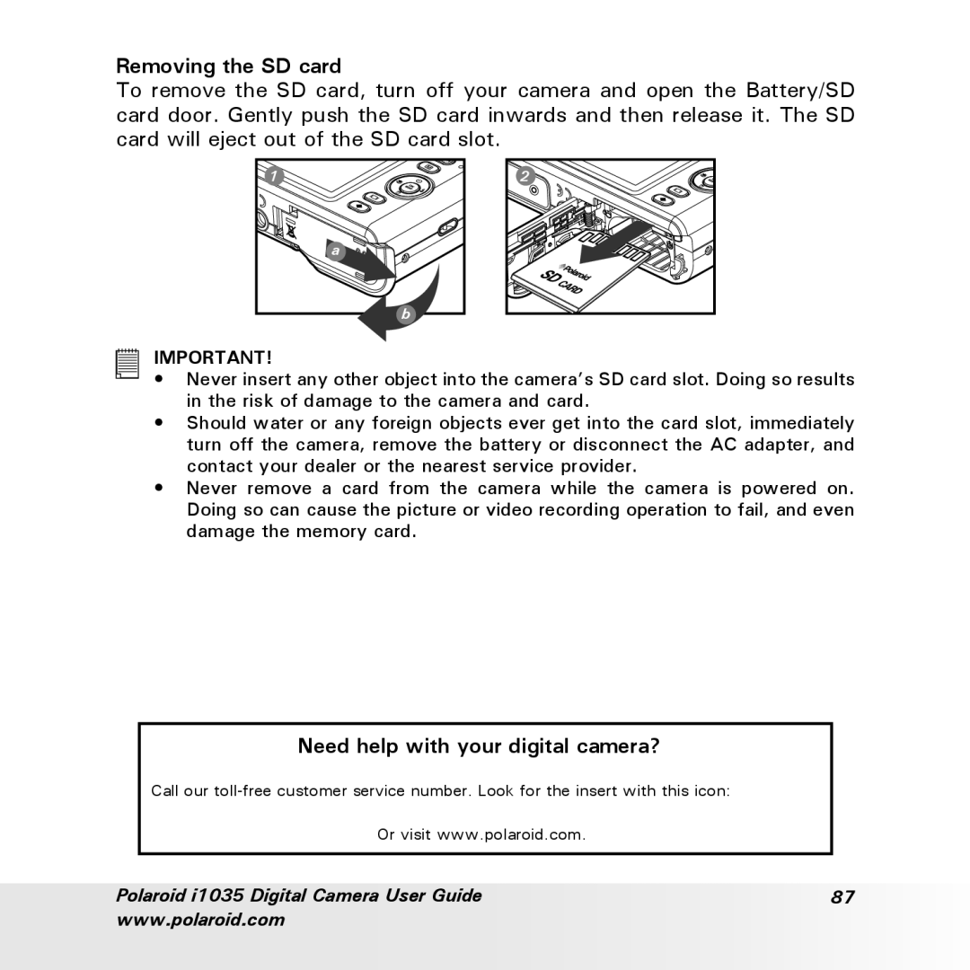 Polaroid i1035 user manual Removing the SD card 