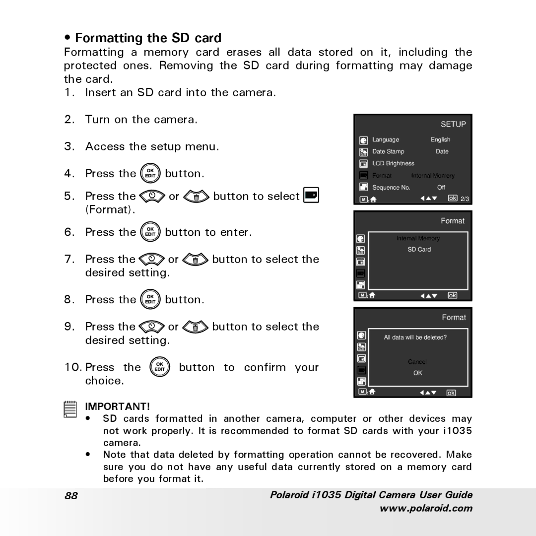 Polaroid i1035 user manual Formatting the SD card 