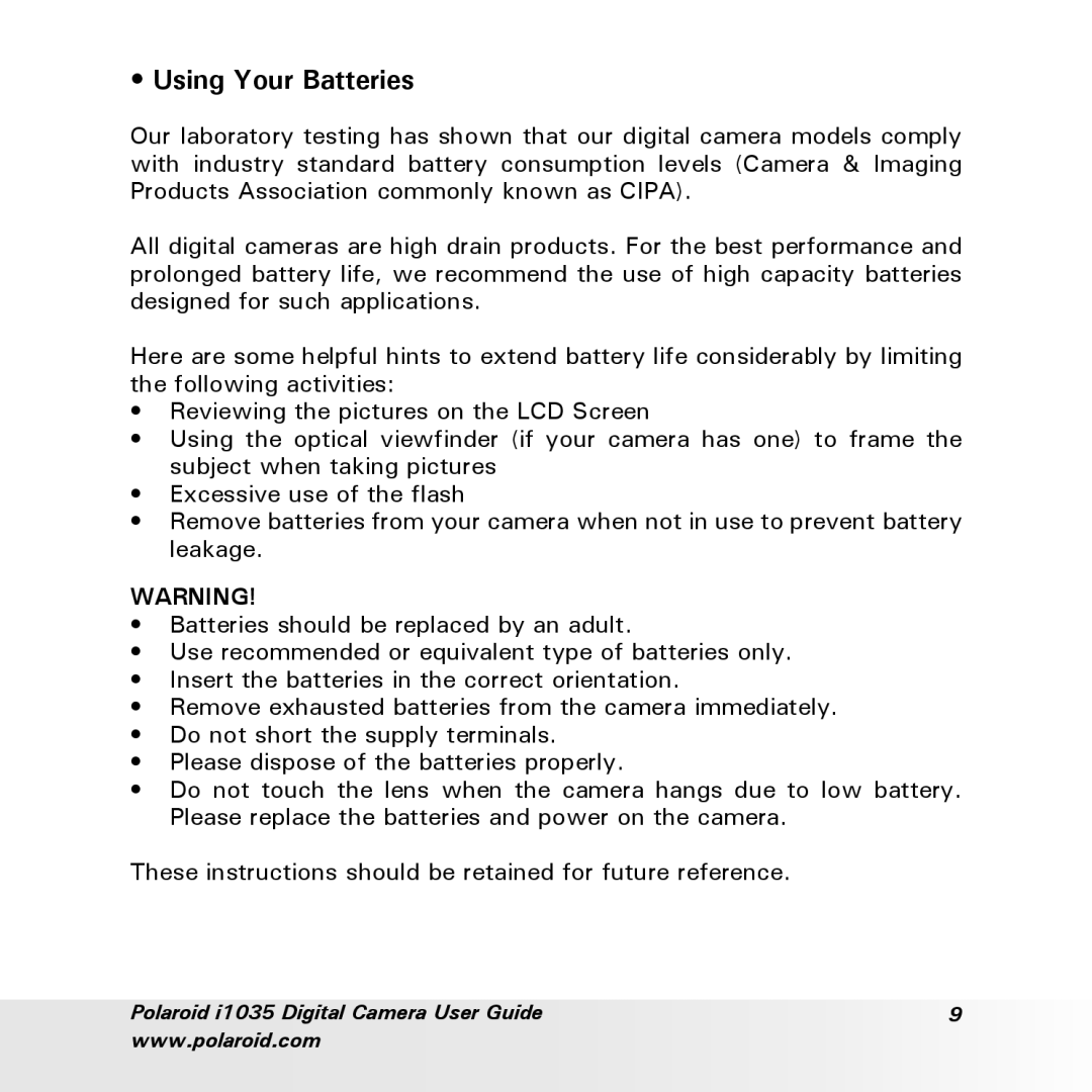 Polaroid i1035 user manual Using Your Batteries 