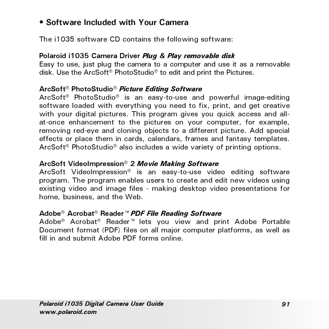 Polaroid user manual Software Included with Your Camera, Polaroid i1035 Camera Driver Plug & Play removable disk 