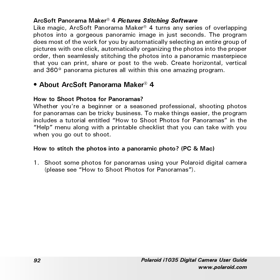 Polaroid i1035 user manual About ArcSoft Panorama Maker, How to Shoot Photos for Panoramas? 