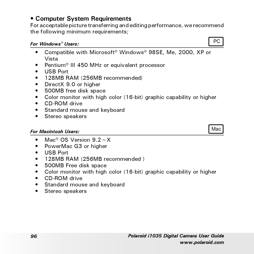 Polaroid i1035 user manual Computer System Requirements 