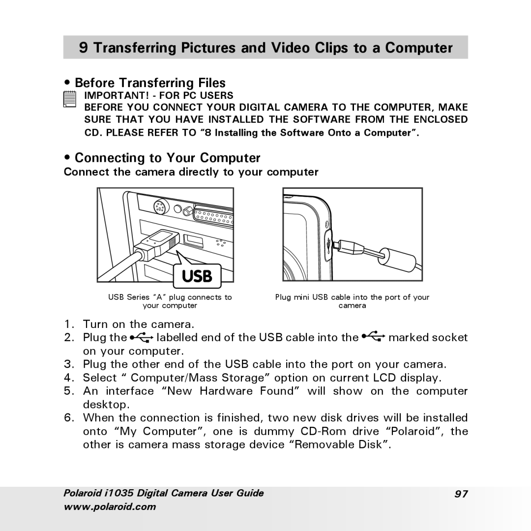 Polaroid i1035 Transferring Pictures and Video Clips to a Computer, Before Transferring Files, Connecting to Your Computer 