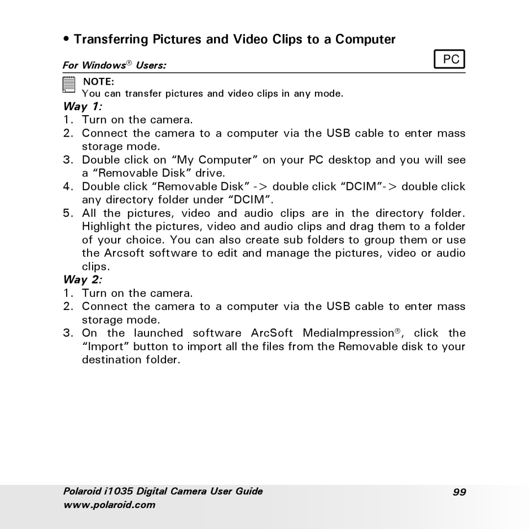 Polaroid i1035 user manual Transferring Pictures and Video Clips to a Computer, Way 