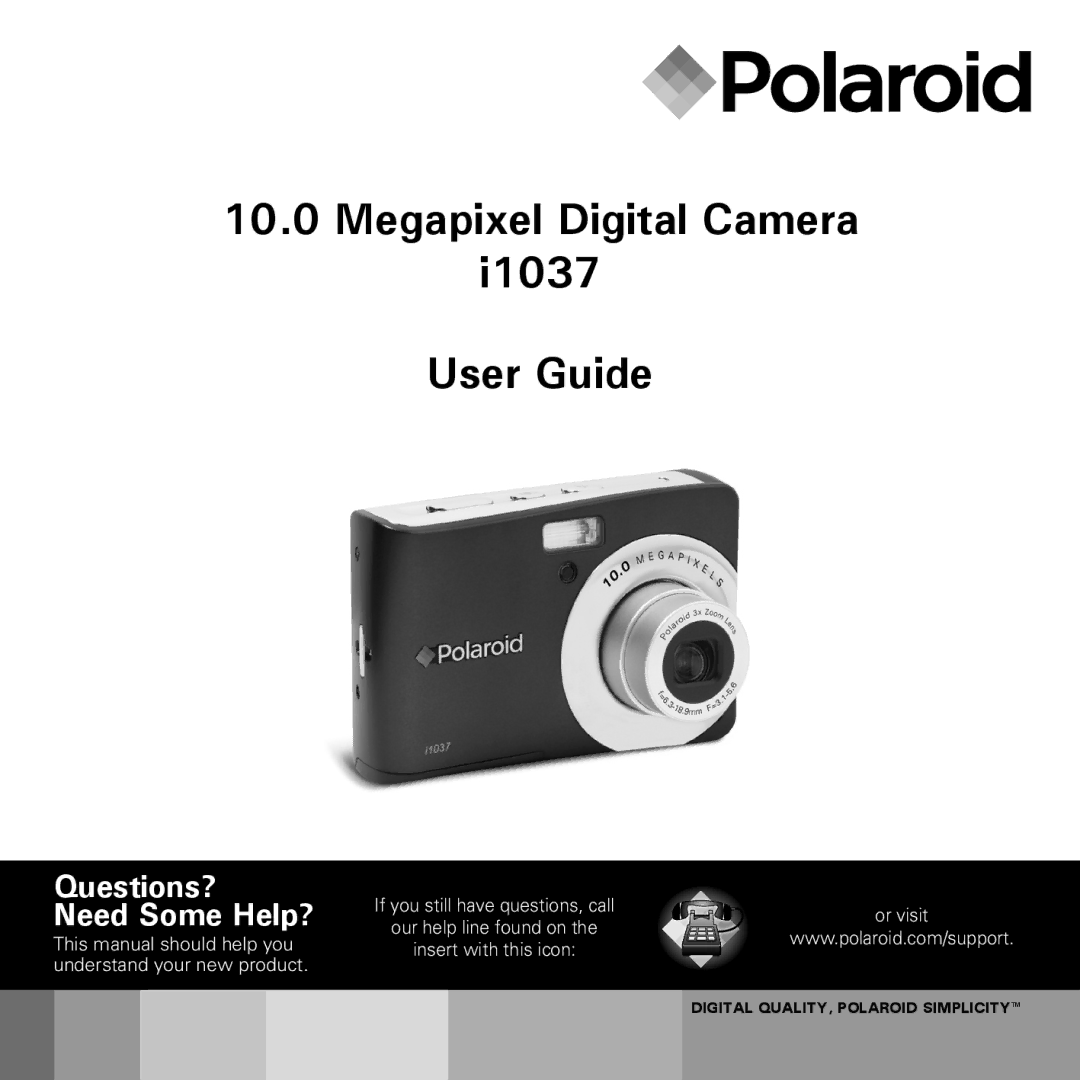 Polaroid i1037 manual Megapixel Digital Camera User Guide 