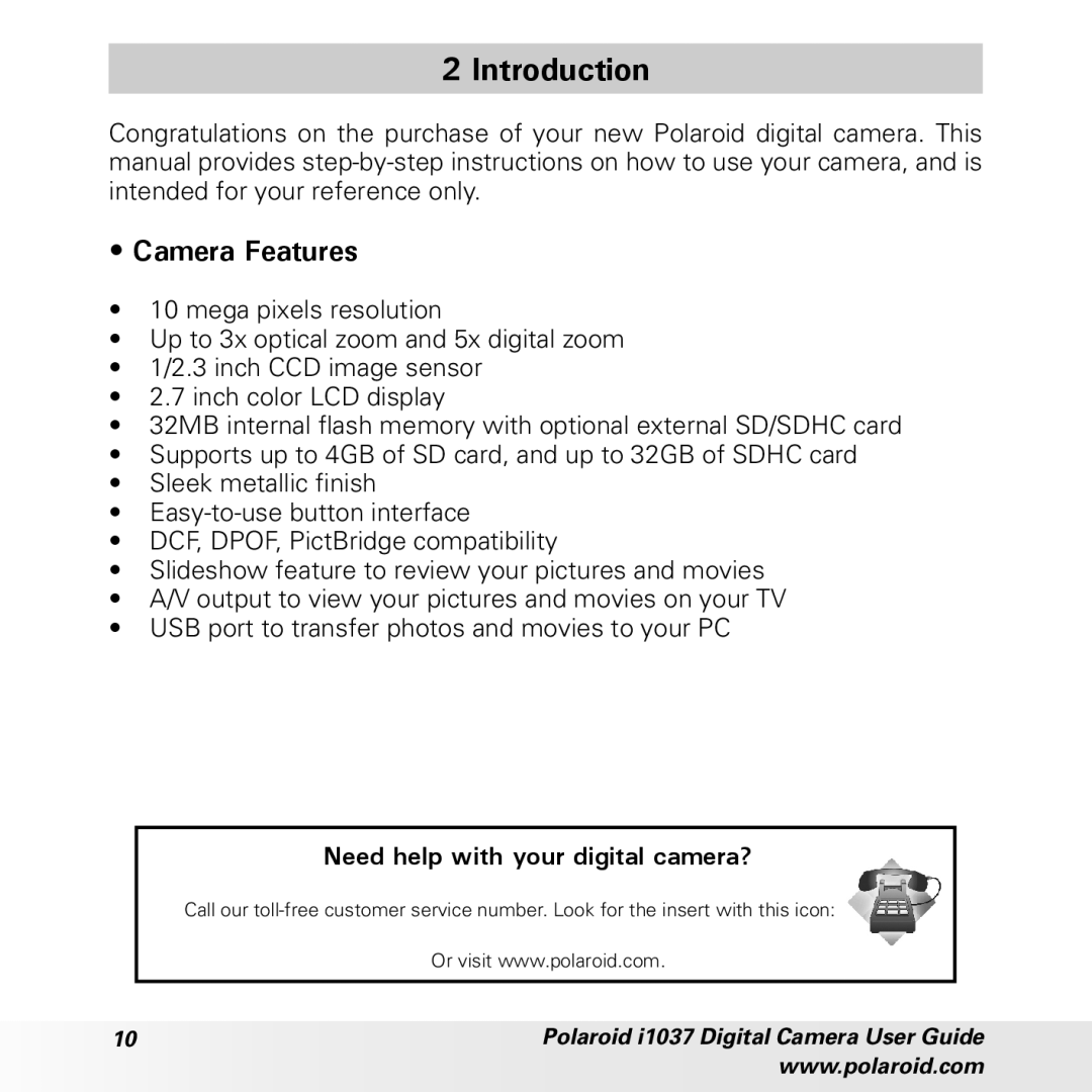 Polaroid i1037 manual Introduction, Camera Features 