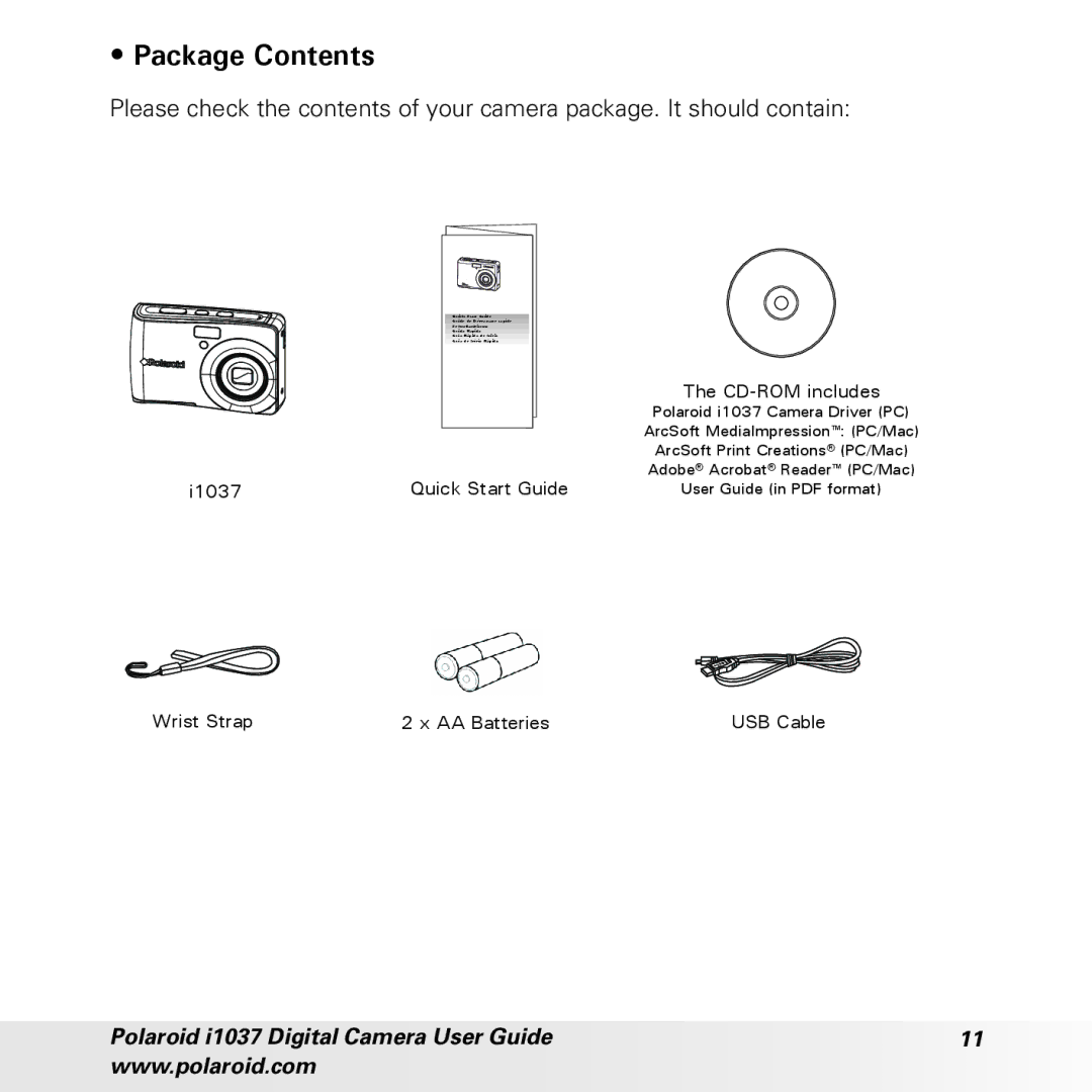 Polaroid i1037 manual Package Contents 