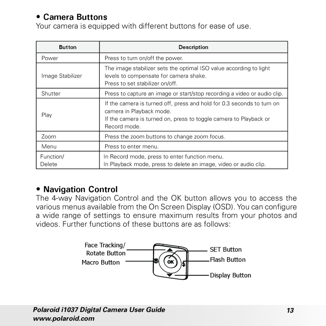 Polaroid i1037 manual Camera Buttons, Navigation Control 