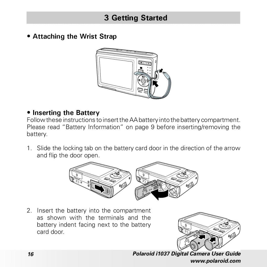 Polaroid i1037 manual Getting Started, Attaching the Wrist Strap, Inserting the Battery 