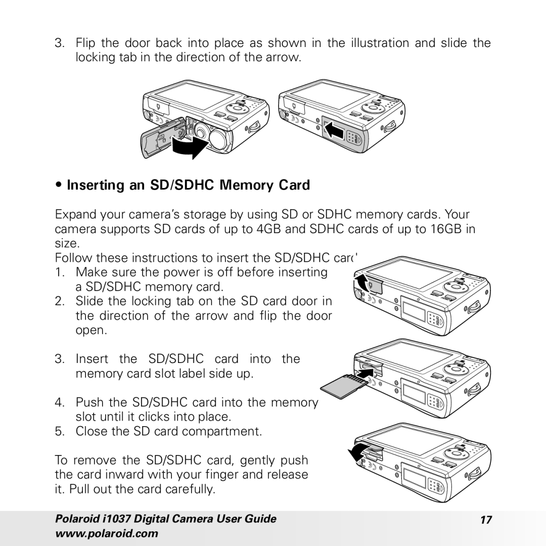 Polaroid i1037 manual Inserting an SD/SDHC Memory Card 