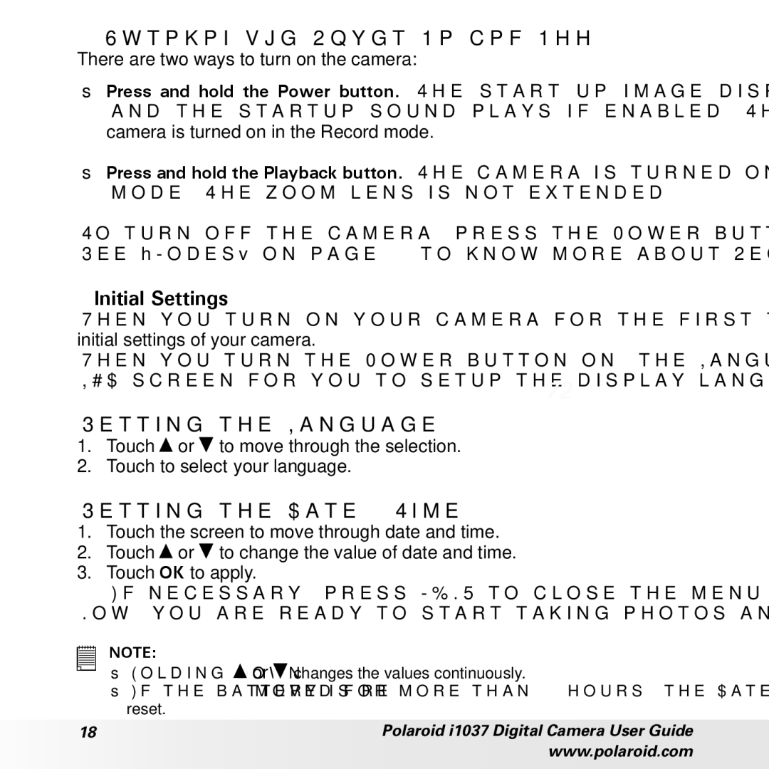 Polaroid i1037 manual Turning the Power On and Off, Initial Settings, Setting the Language, Setting the Date & Time 