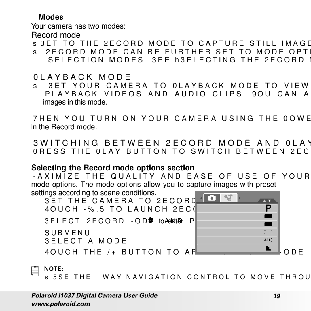 Polaroid i1037 manual Modes, Playback mode, Switching between Record mode and Playback Mode 