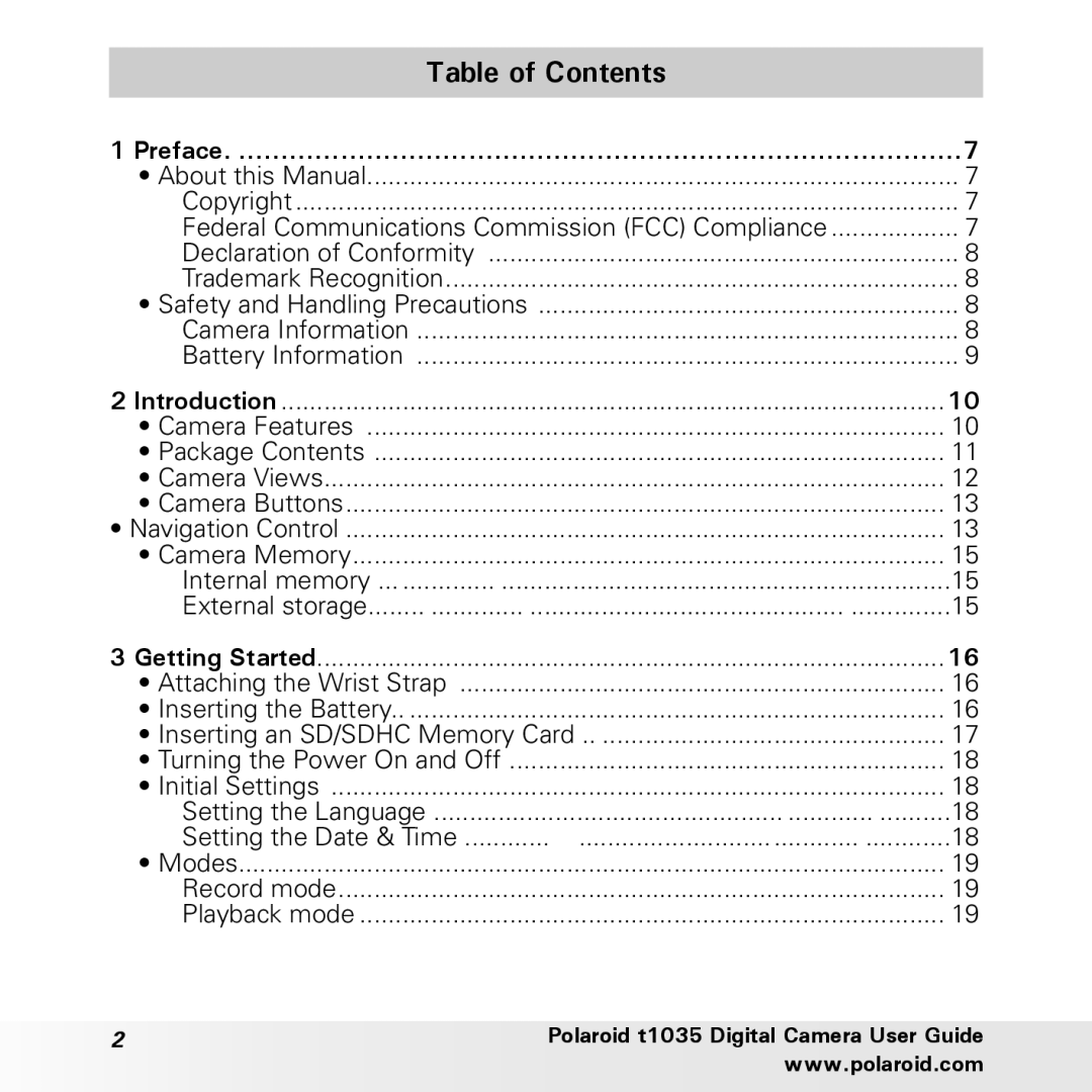 Polaroid i1037 manual Table of Contents 