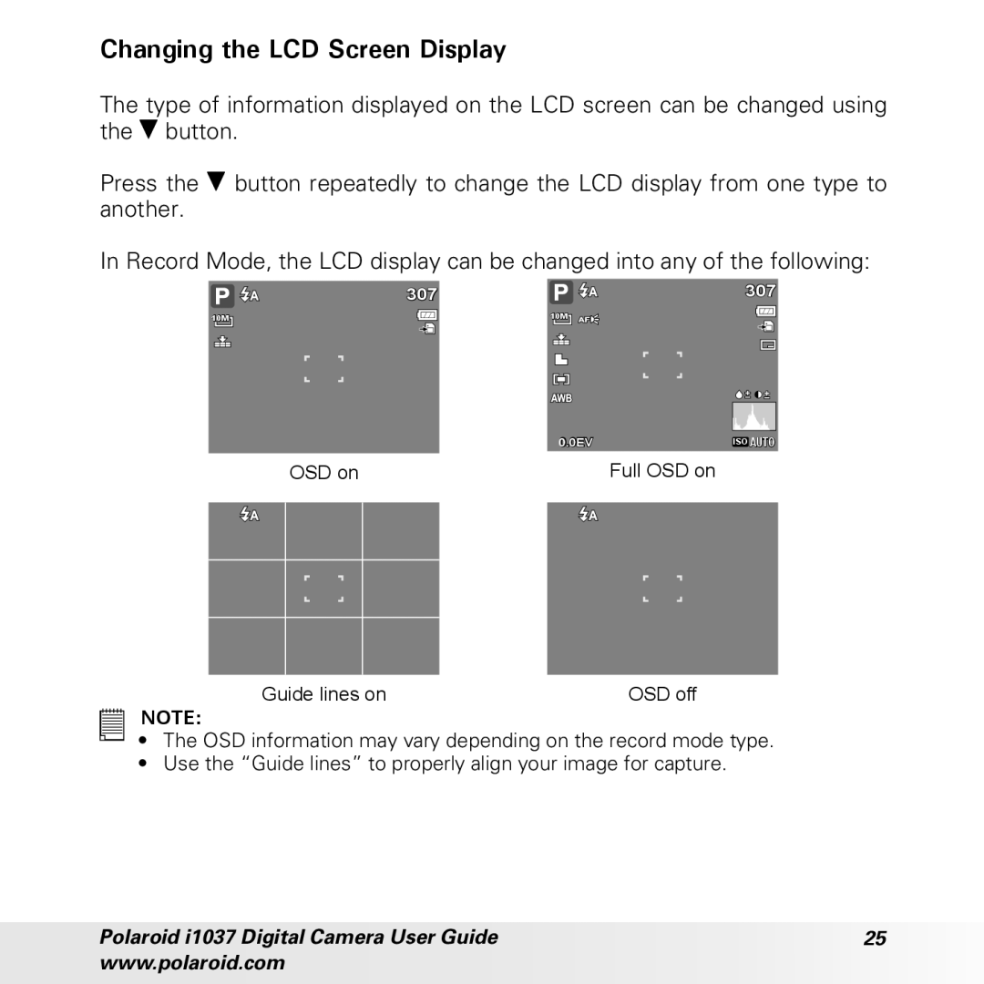 Polaroid i1037 manual Changing the LCD Screen Display, OSD on 