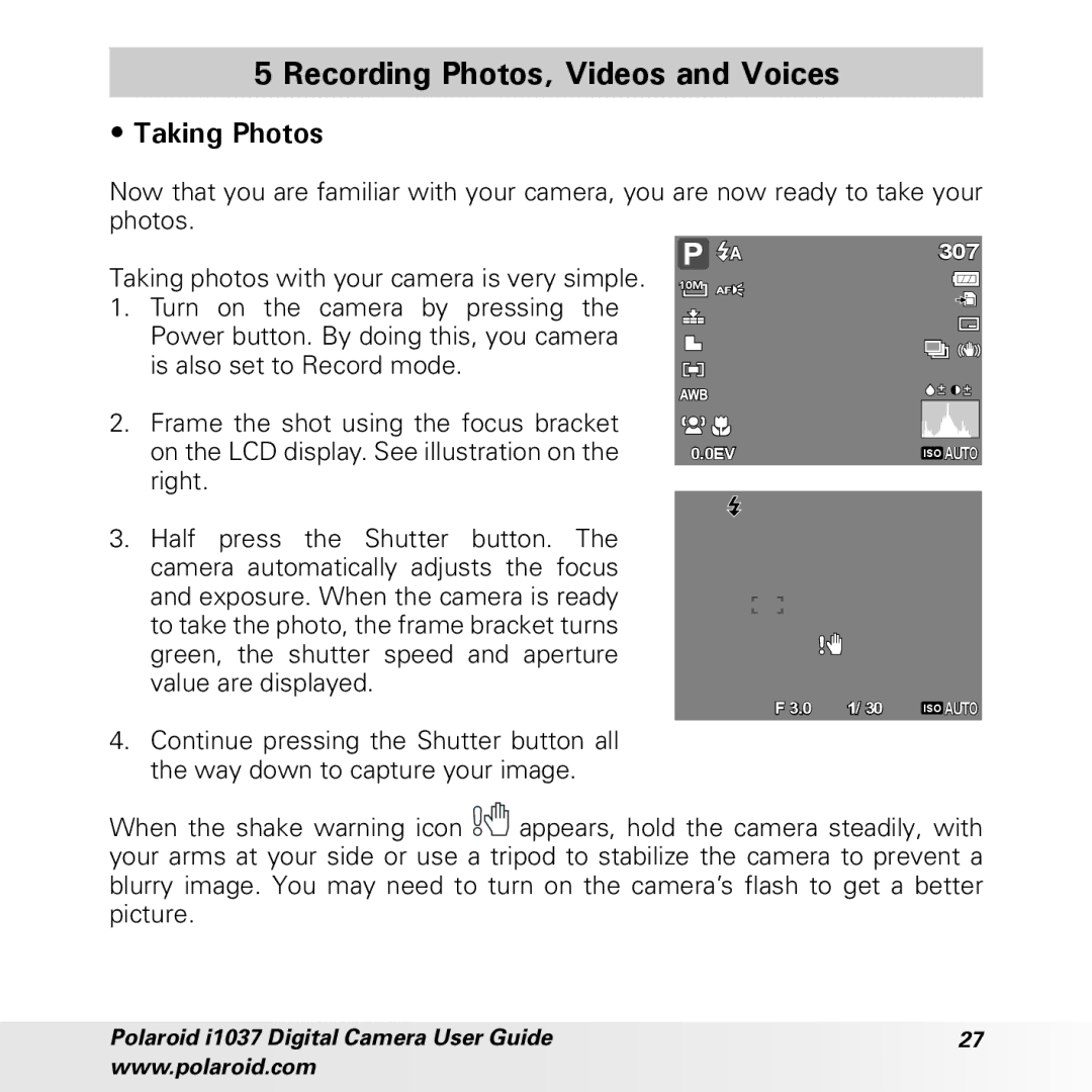 Polaroid i1037 manual Recording Photos, Videos and Voices, Taking Photos 