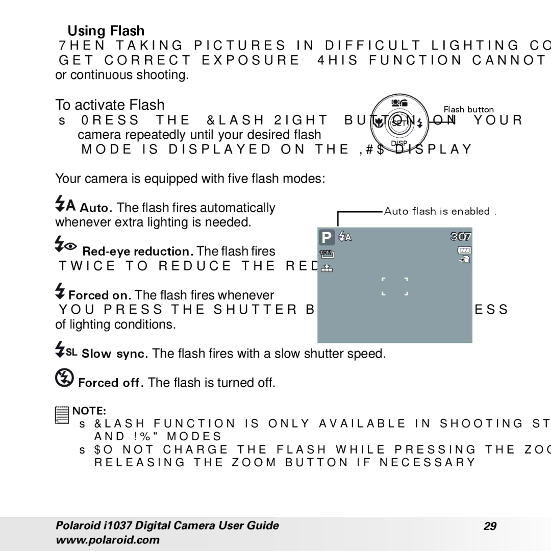 Polaroid i1037 Using Flash, To activate Flash, Red-eye reduction. The flash fires, Twice to reduce the red-eye effect 