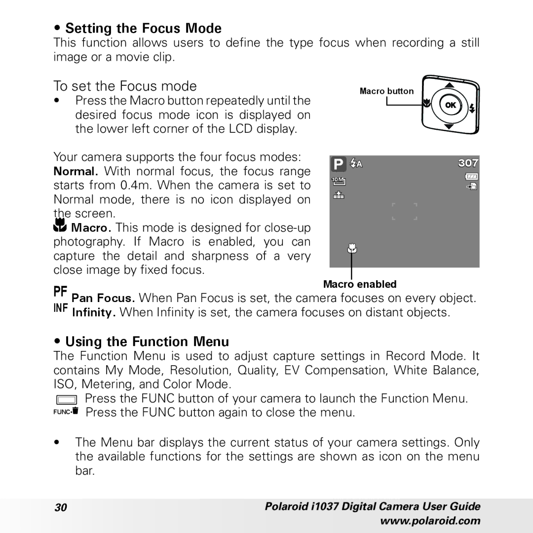 Polaroid i1037 manual Setting the Focus Mode, To set the Focus mode, Using the Function Menu 