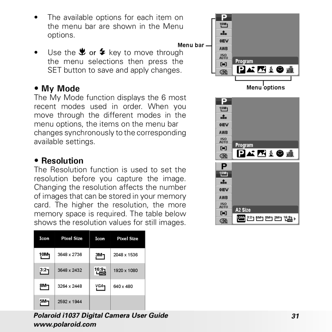 Polaroid i1037 manual My Mode, Resolution 