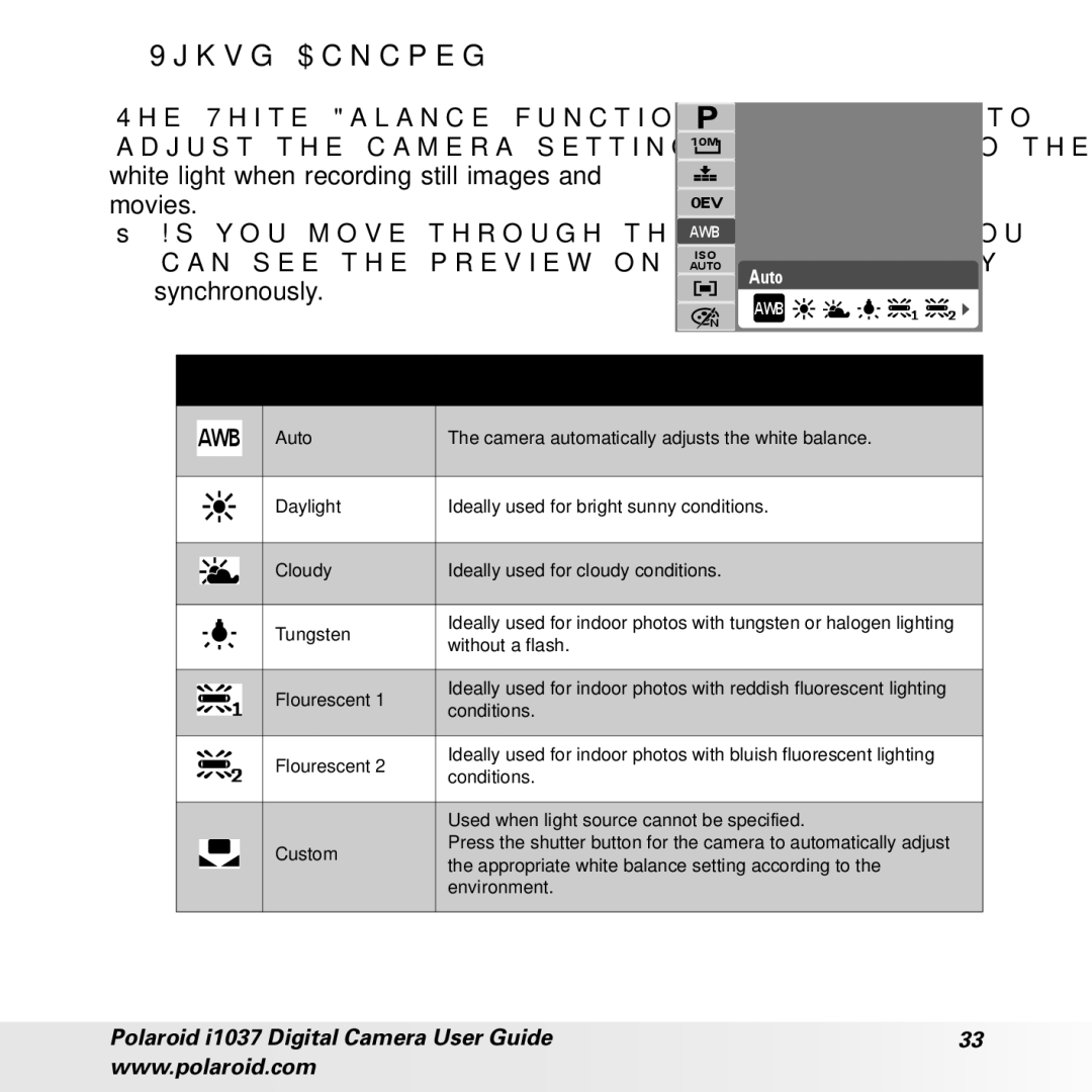 Polaroid i1037 manual White Balance, Icon Description 