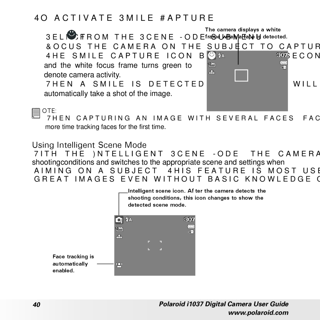 Polaroid i1037 manual To activate Smile Capture, Using Intelligent Scene Mode 