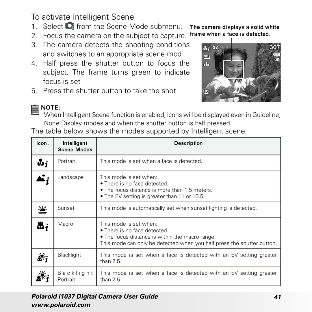 Polaroid i1037 manual To activate Intelligent Scene, Table below shows the modes supported by Intelligent scene 