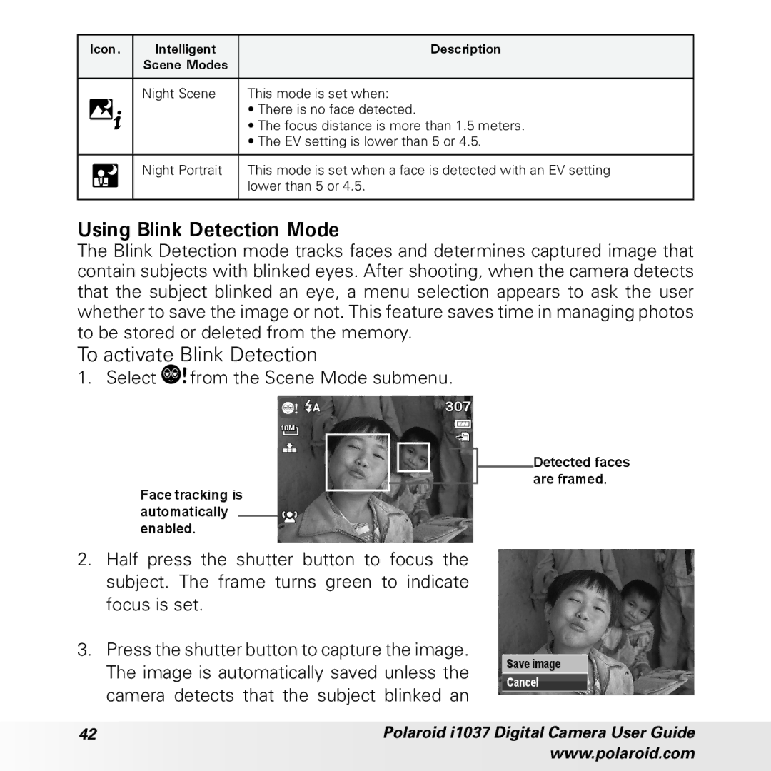 Polaroid i1037 manual Using Blink Detection Mode, To activate Blink Detection, Select from the Scene Mode submenu 