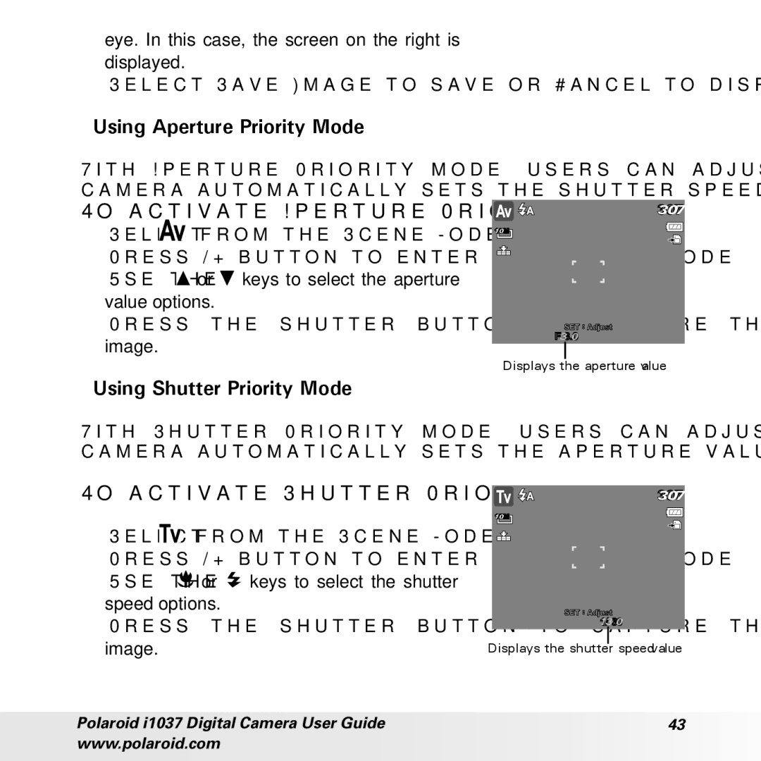 Polaroid i1037 manual Using Aperture Priority Mode, To activate Aperture Priority, Using Shutter Priority Mode, Image 