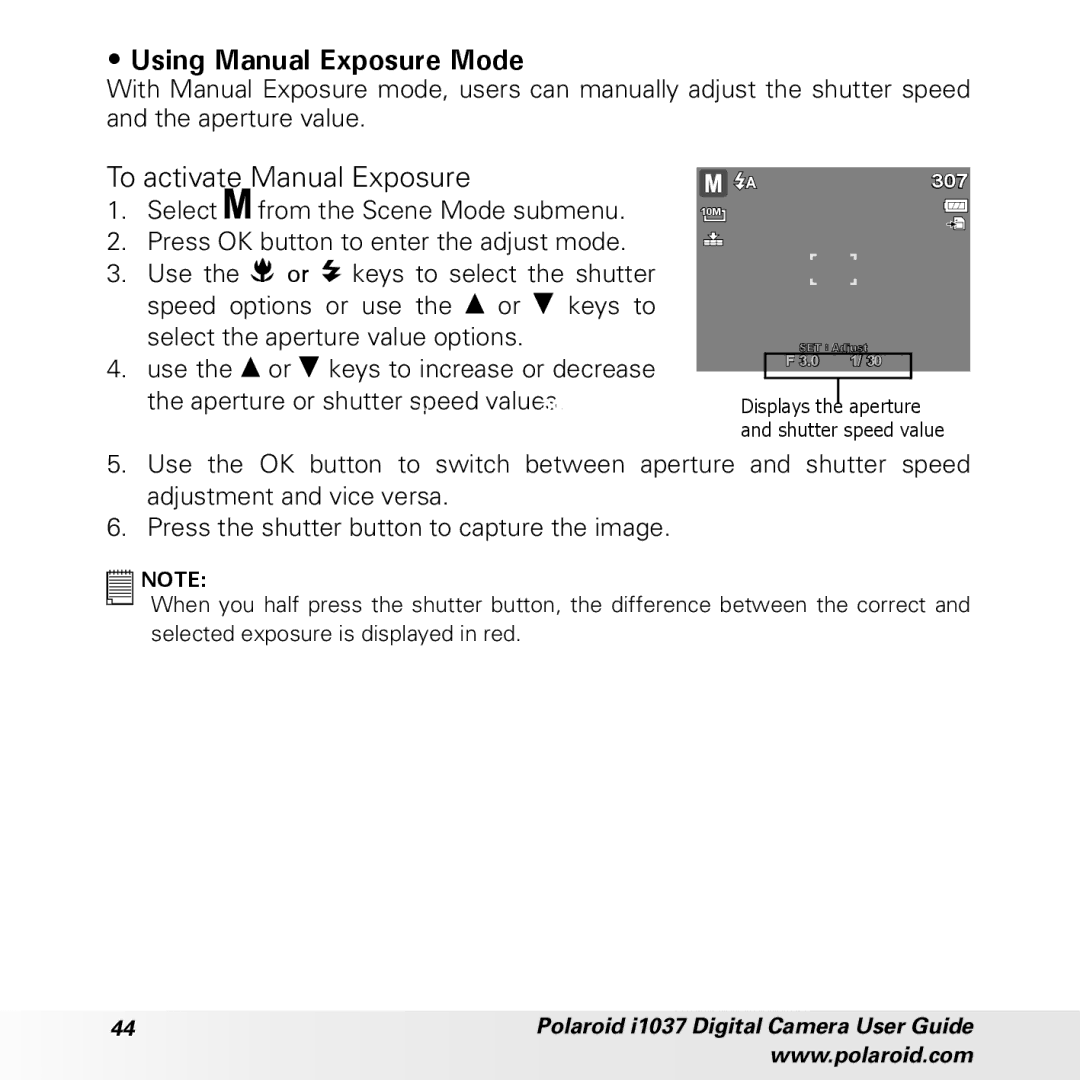 Polaroid i1037 Using Manual Exposure Mode, To activate Manual Exposure, Use the or keys to increase or decrease, Values307 