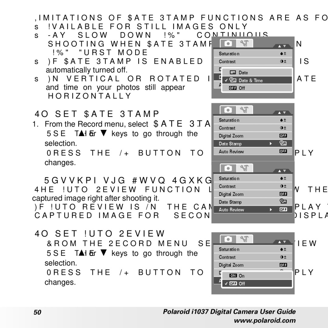 Polaroid i1037 manual To set Date Stamp, Setting the Auto Review, To set Auto Review 