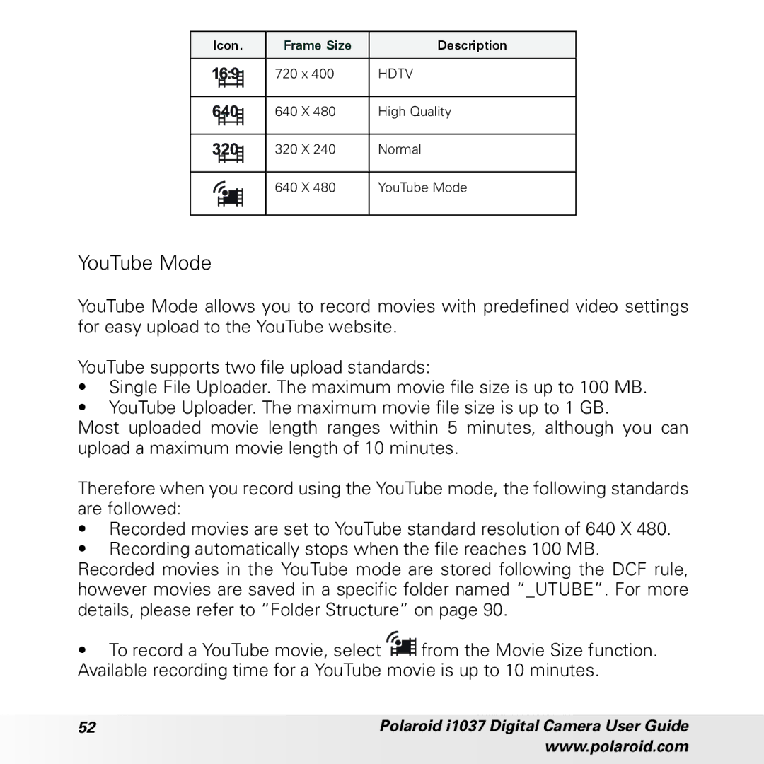 Polaroid i1037 manual YouTube Mode 