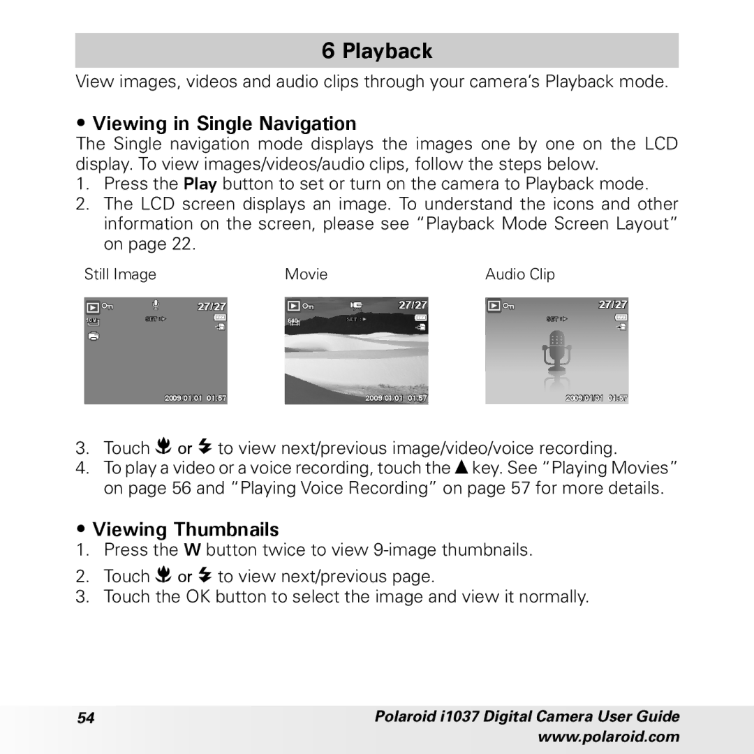 Polaroid i1037 manual Playback, Viewing in Single Navigation, Viewing Thumbnails 