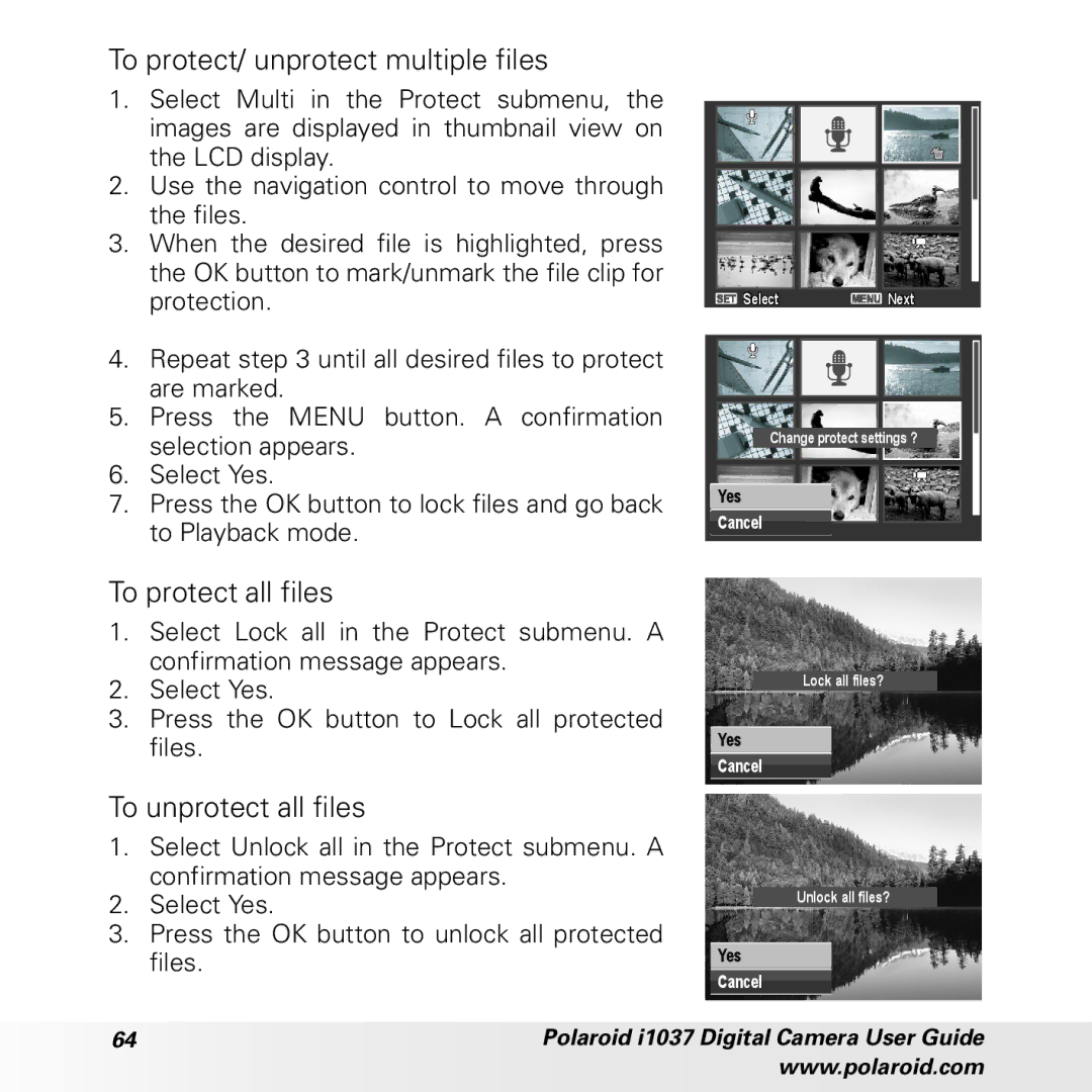 Polaroid i1037 manual To protect/ unprotect multiple files, To protect all files, To unprotect all files 